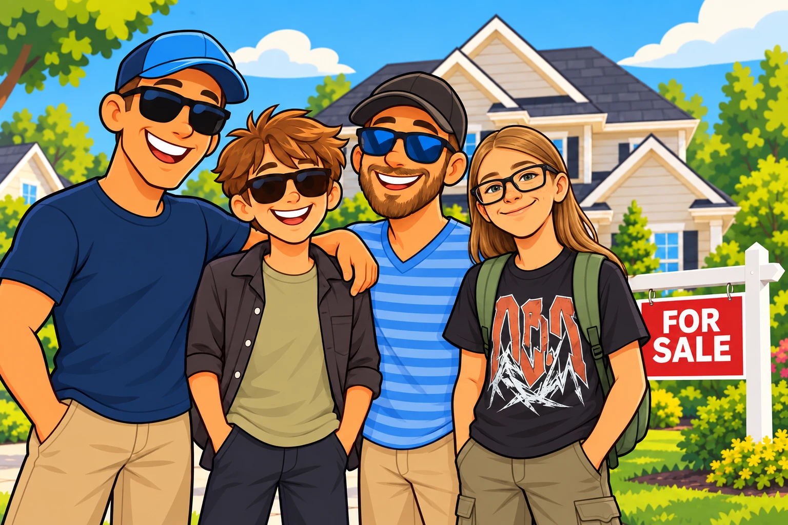 Four smiling cartoon family members in front of a house and a FOR SALE sign.